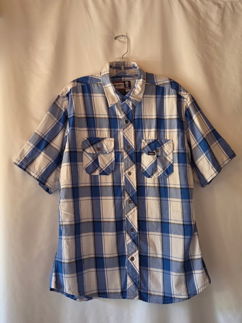 Hillbilly Flannel Co Short Sleeve Shirt Blue White Plaid Western Workwear Size L